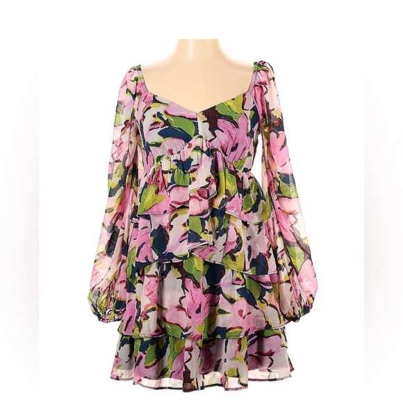 💐 NWT Abercrombie & Fitch Pink Floral Tiered Ruffle Mini Dress - Small - Picture 2 of 3